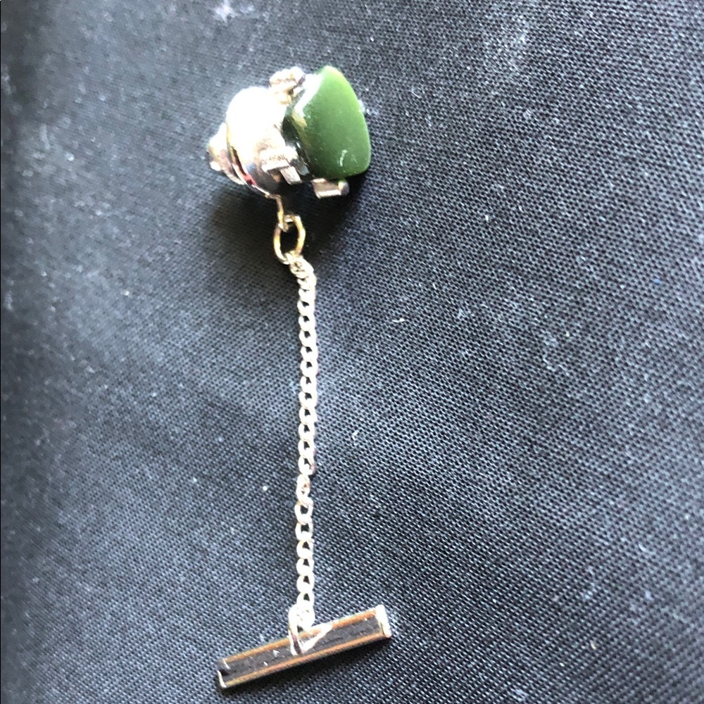Vintage Silver-tone Tie Tack With A Green Stone And Chain
